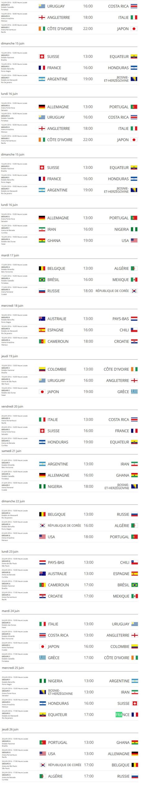calendrier mondial football Brésil 2014